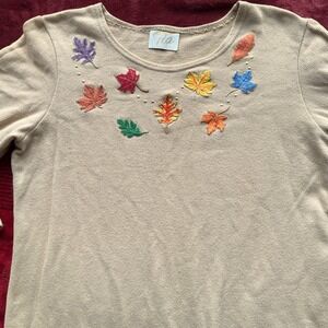 Tia Designs Shift Dress Womens Large Tan Good Embroidered Leaves 3/4 Sleeve USA